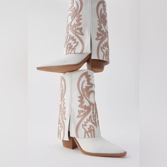 Azalea Wang Esperanza Cowboy Heeled Boot White Beige 6 Bohemian Country Concert - Picture 4 of 14